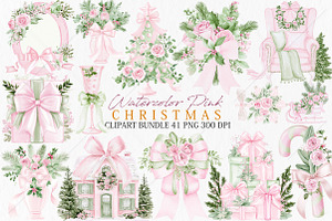 Watercolor Pink Christmas Clipart, a Seasonal Illustration by Canvas Craft