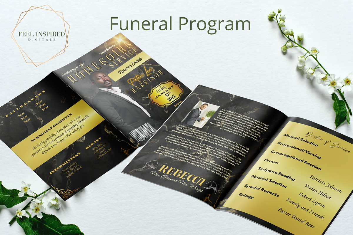 Regal Black and Gold Funeral Program, a Brochure Template by Feel Inspired Digitals (Photo 1 of 6)