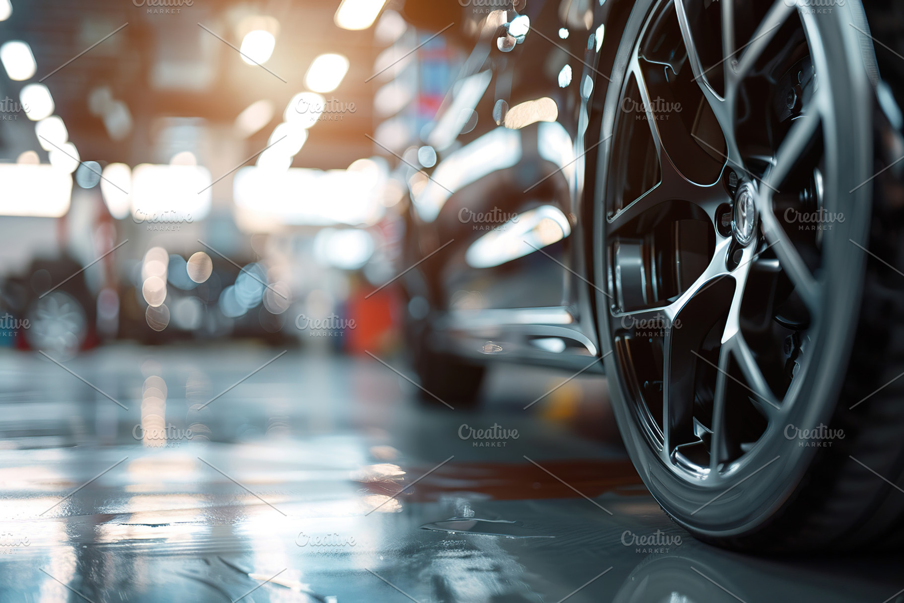 Car wheel with new tire on blurred garage background, a Transportation Photo by AlyaAnd
