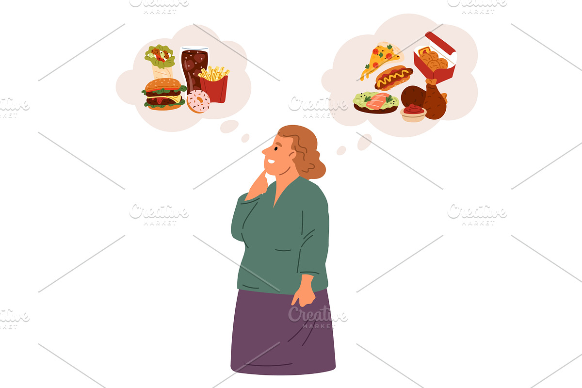 Obese woman reflects on junk food, a Person Illustration by Vectorbuum