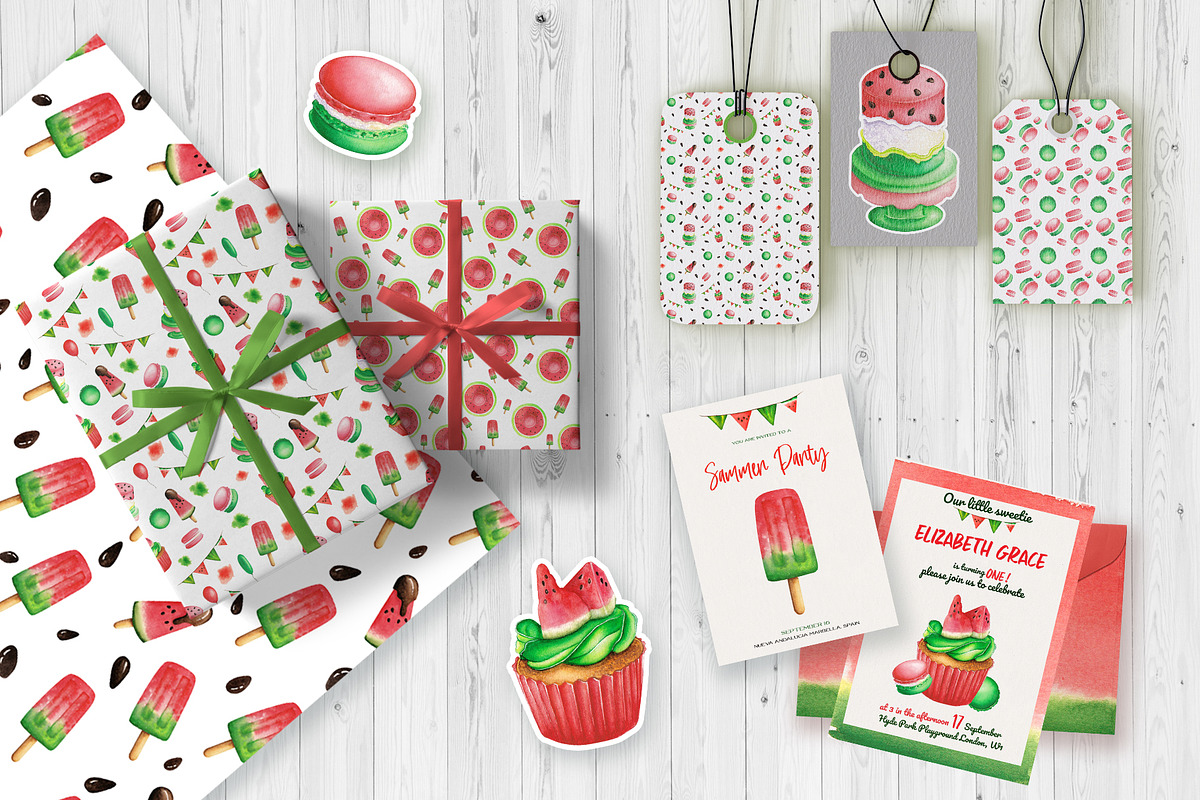 Watercolor Watermelon party clipart., a Food Illustration by NinaBrai (Photo 3 of 5)
