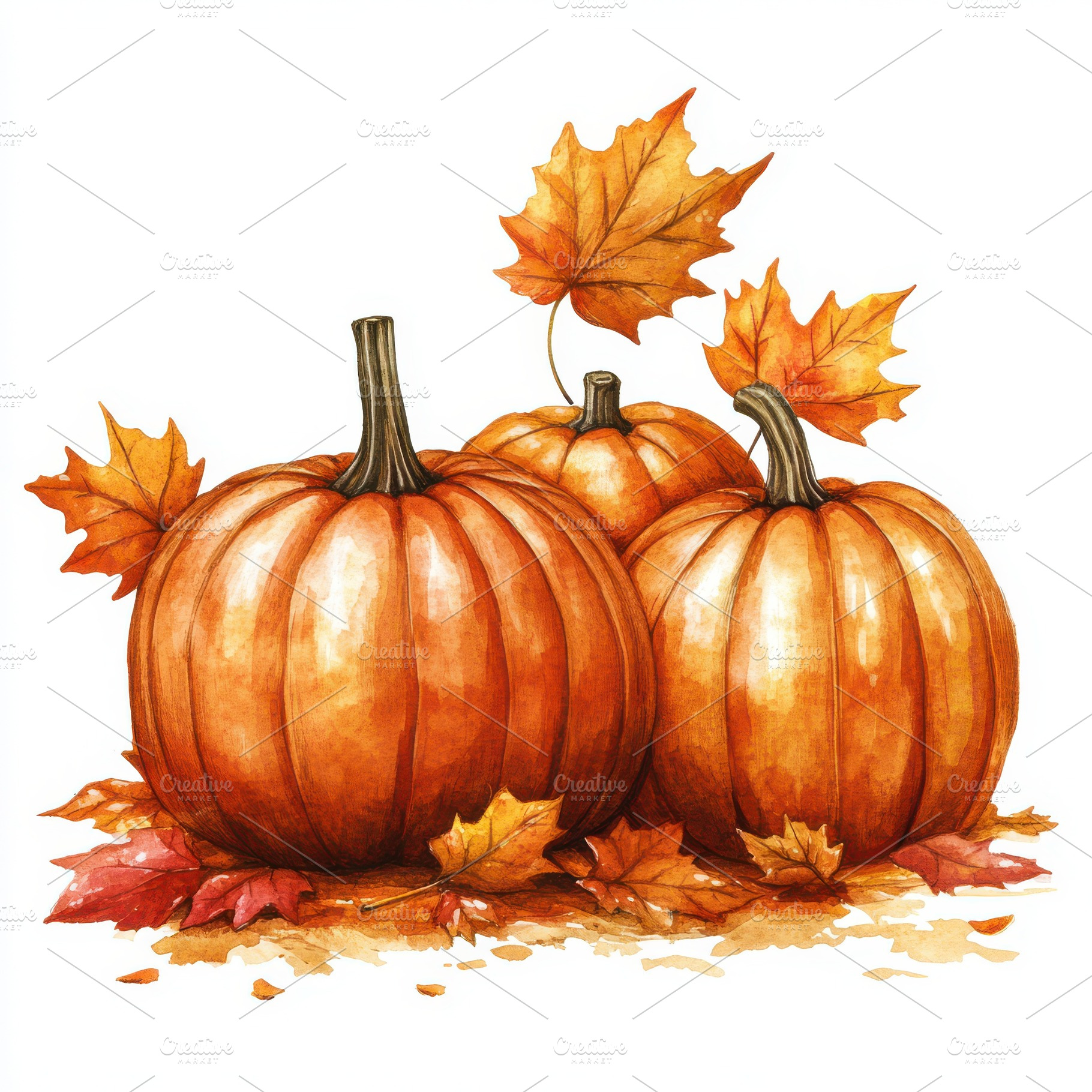 Watercolor pumpkins with autumn leav, a Food & Drink Photo by Pixeness Studio