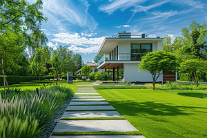 Modern house in suburb with beautiful green landscape, a Nature Photo by AlyaAnd