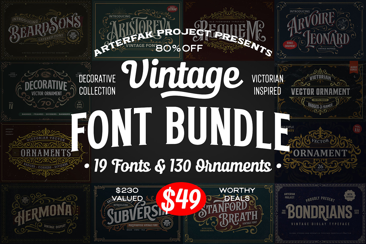 Vintage Font Bundle & Ornaments, a Font by Arterfak Project (Photo 1 of 13)