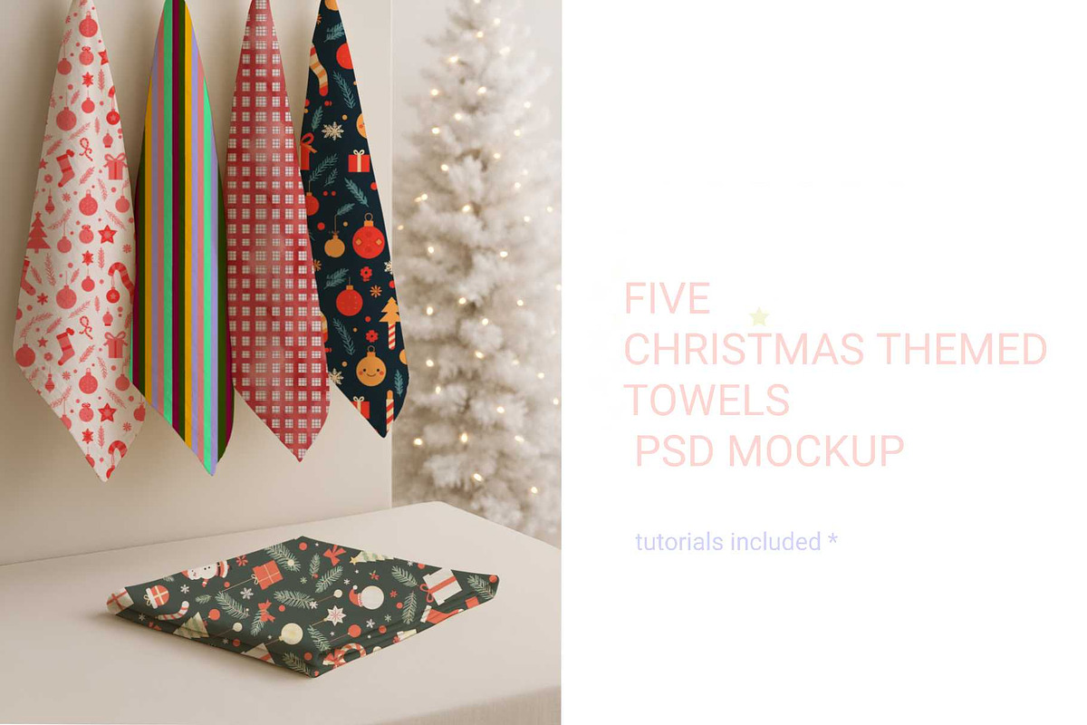 Five Christmas theme towels PSD, a Household Mockup by jenartstudio (Photo 2 of 2)