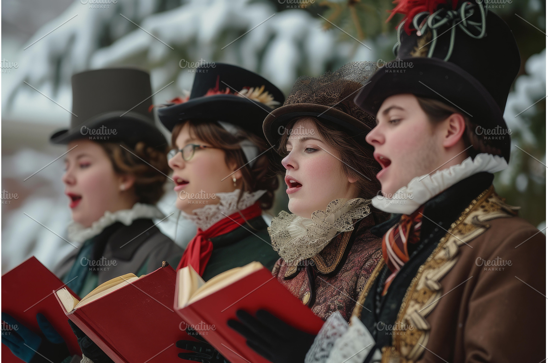 Victorian carolers singing outdoors, a Holiday Photo by Ylivdesign