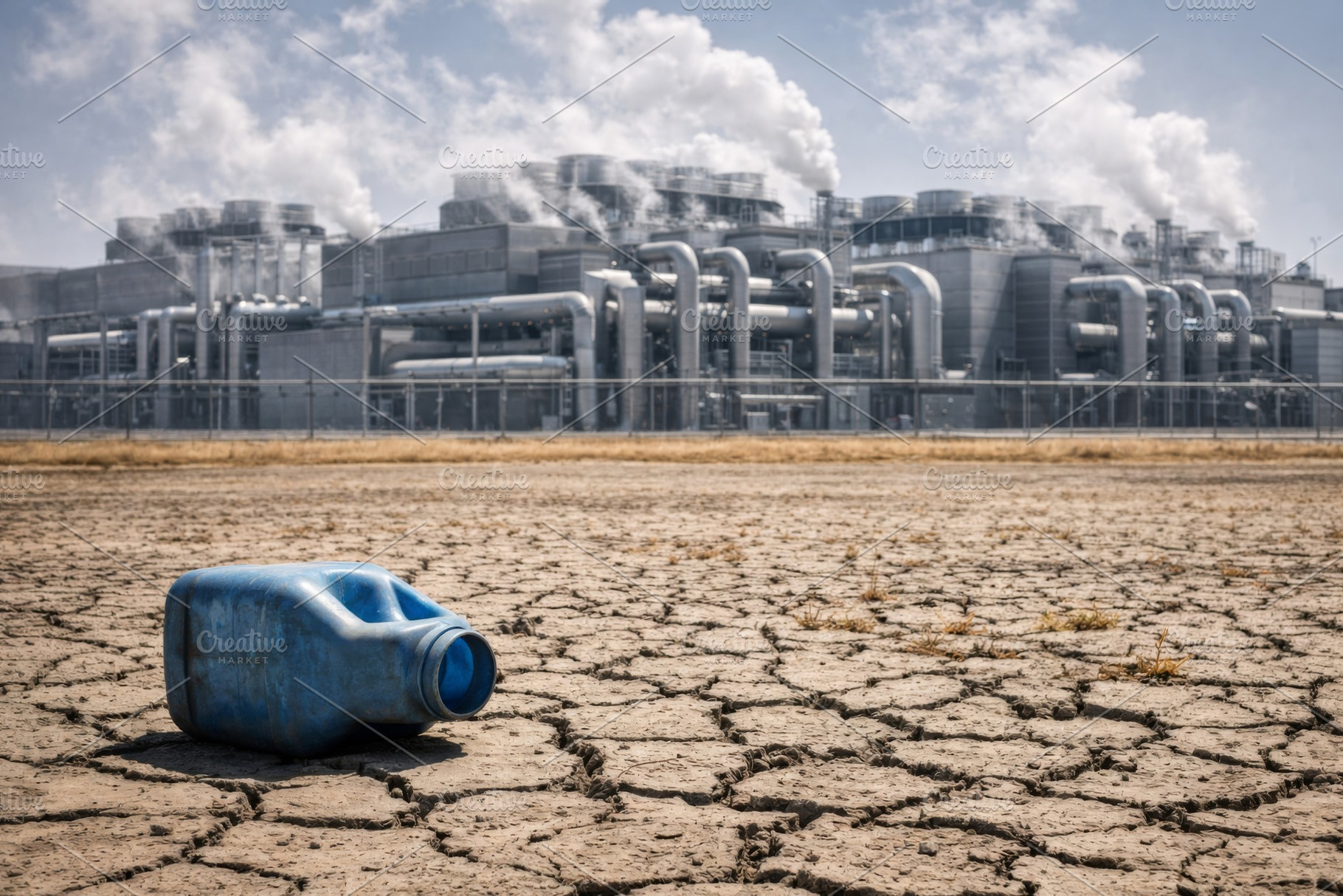 Industrial landscape depicting dry cracked earth in front of lar, a Photo by Dvoevnore photos