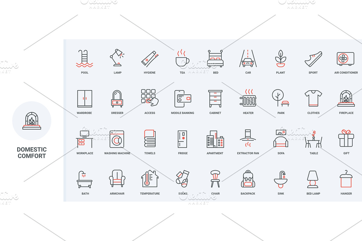 Furniture domestic equipment icons, an Object Illustration by Lemberg Vector
