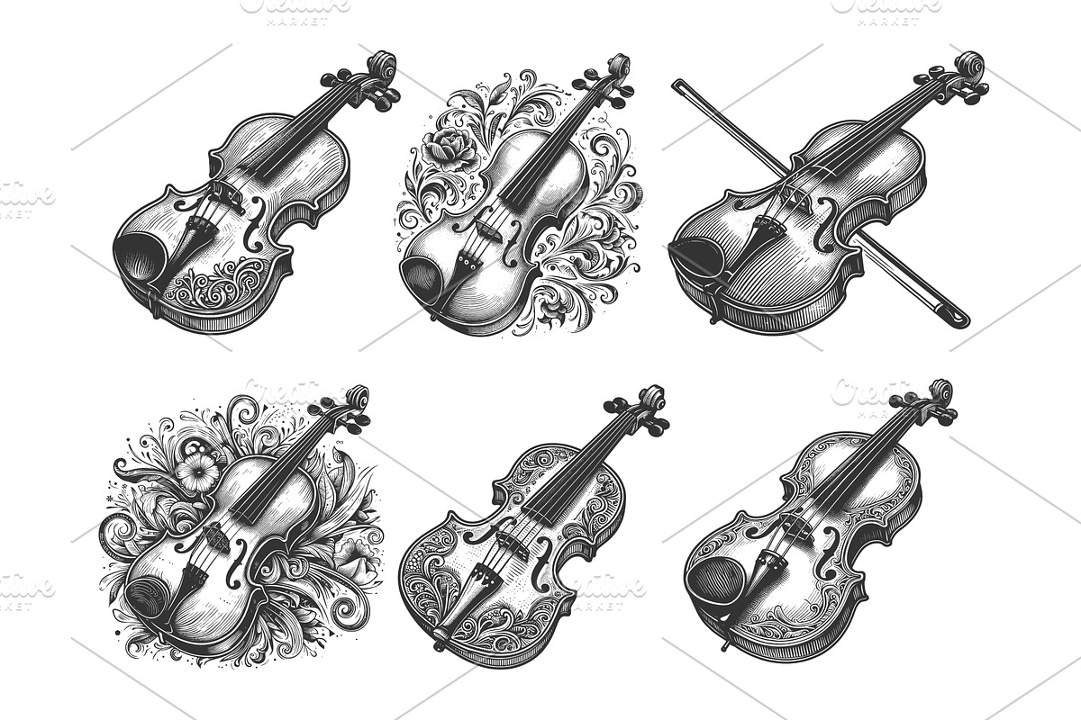 Violin engraving set vector, an Illustration by AlexArt