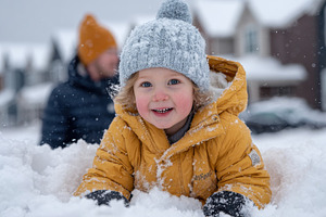 Toddler playing in fresh snow winter, a Photo by Pixeness Studio