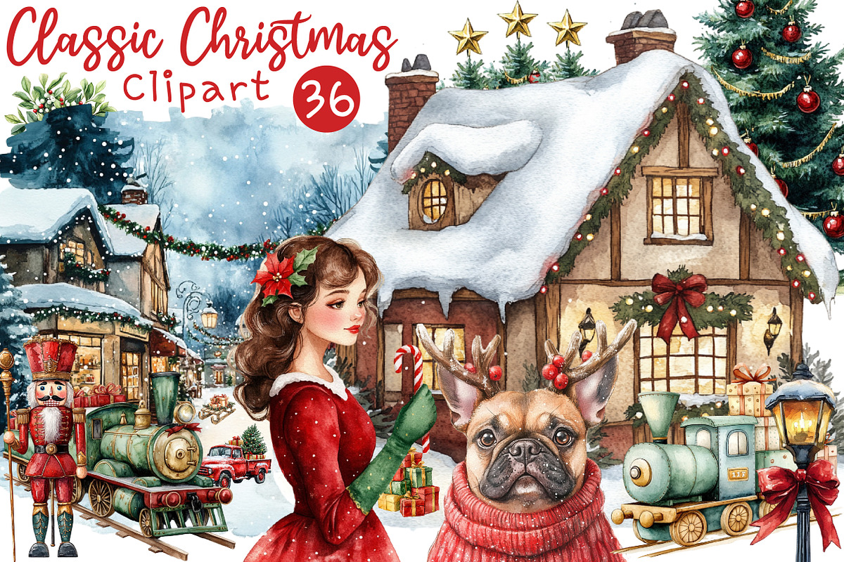 Classic Christmas Watercolor Clipart, an Illustration by OK Design (Photo 1 of 5)