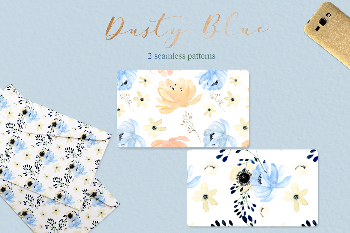 Dusty blue gold. Watercolor flowers, a Texture Illustration by LABFcreations (Photo 9 of 12)
