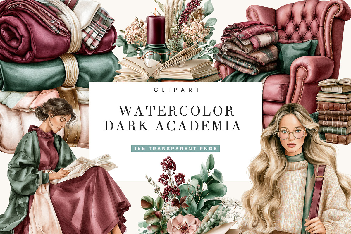 Dark Academia Watercolor Clipart, a Person Illustration by BusyDaydesign (Photo 1 of 9)
