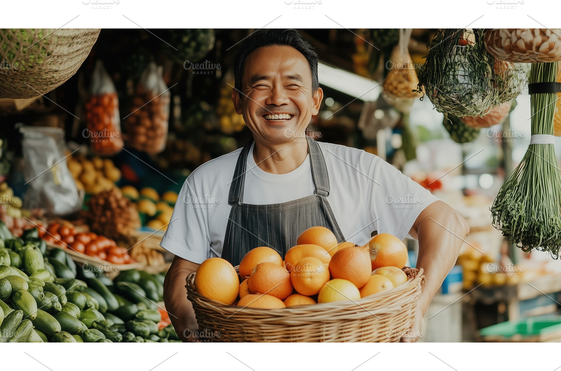 Smiling Asian fruit vendor holding a, a Business Photo by Sergey Kotenev