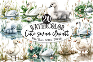 Watercolor Cute swan clipart