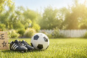 Football boots and sign on sunny cha, a Photo by Dvoevnore photos