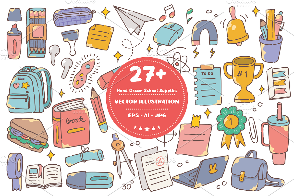 Hand Drawn School Supplies Doodles, an Object Graphic by dudellicious