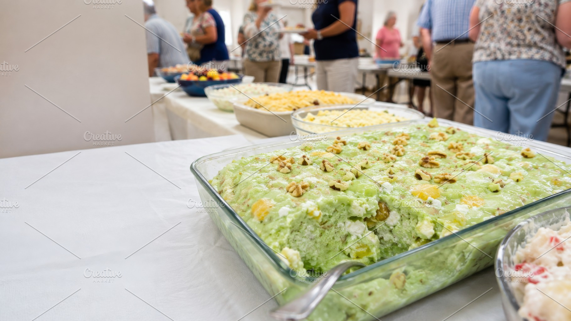 Jello salad on table at community ga, a Photo by Dvoevnore photos