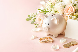 Piggy bank with wedding rings and fl, a Photo by Dvoevnore photos