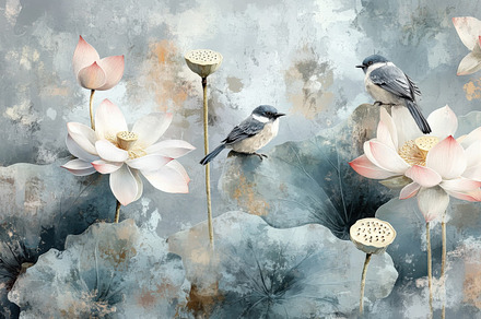 Birds and Lotus Scandinavian Mural