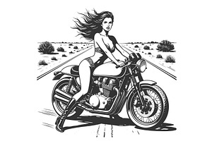 Bikini-clad woman riding motorcycle, a Person Illustration by AlexArt