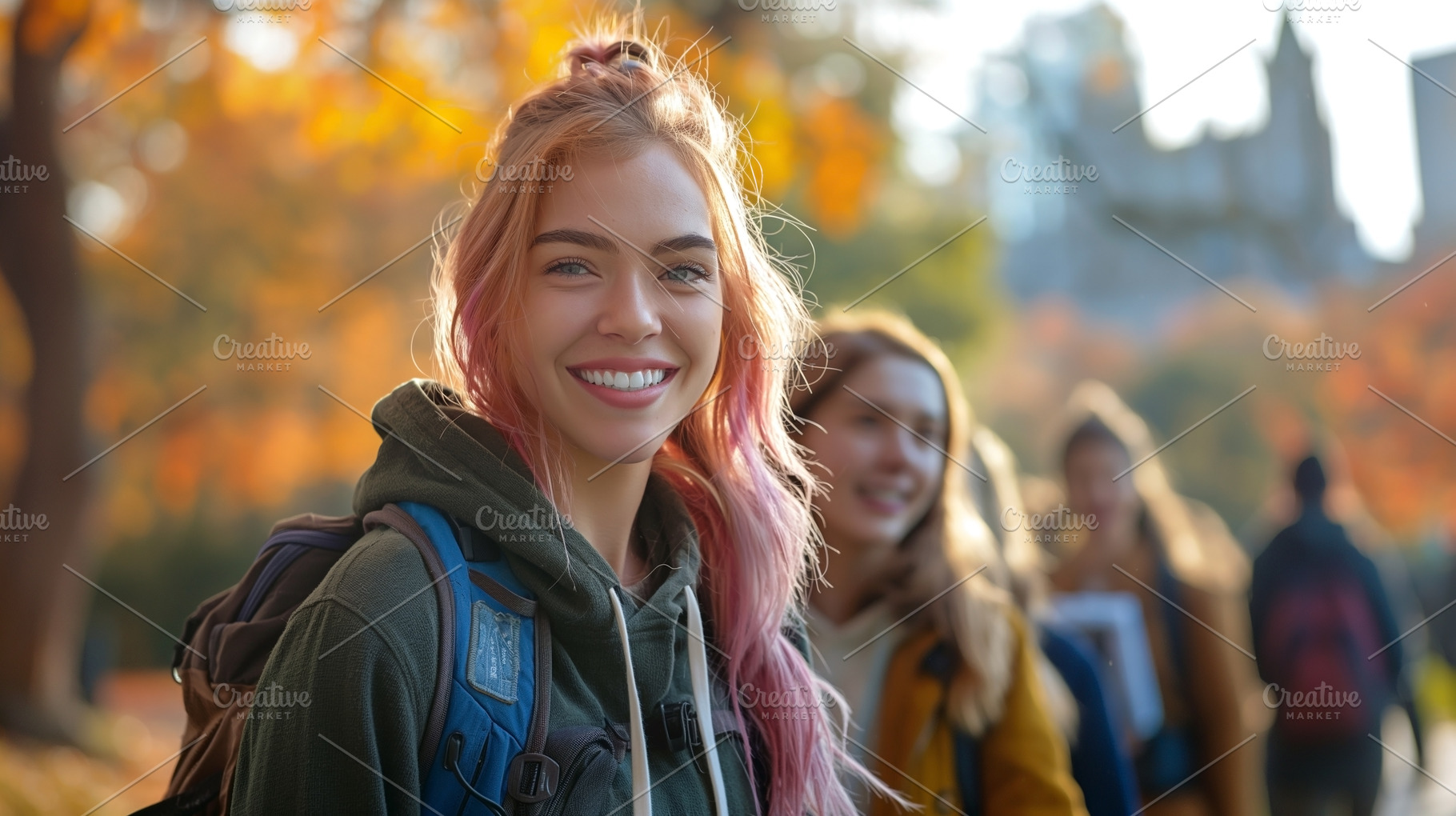 A cheerful young Caucasian woman enjoying autumn with friends in a park, surrou, a Person Photo by ImageMir