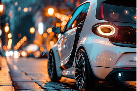 Modern white car parked on a, a Transportation Photo by Ylivdesign