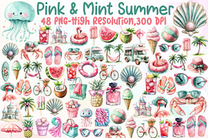 Watercolor Pink & Mint Summer Clipar, an Illustration by Sublimation Artist