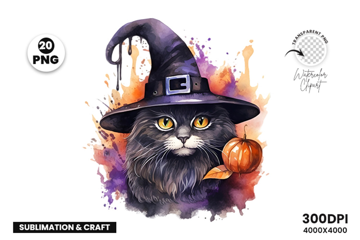 Watercolor Halloween Cat PNG Bundle, a Seasonal Illustration by Creative Arslan (Photo 5 of 7)