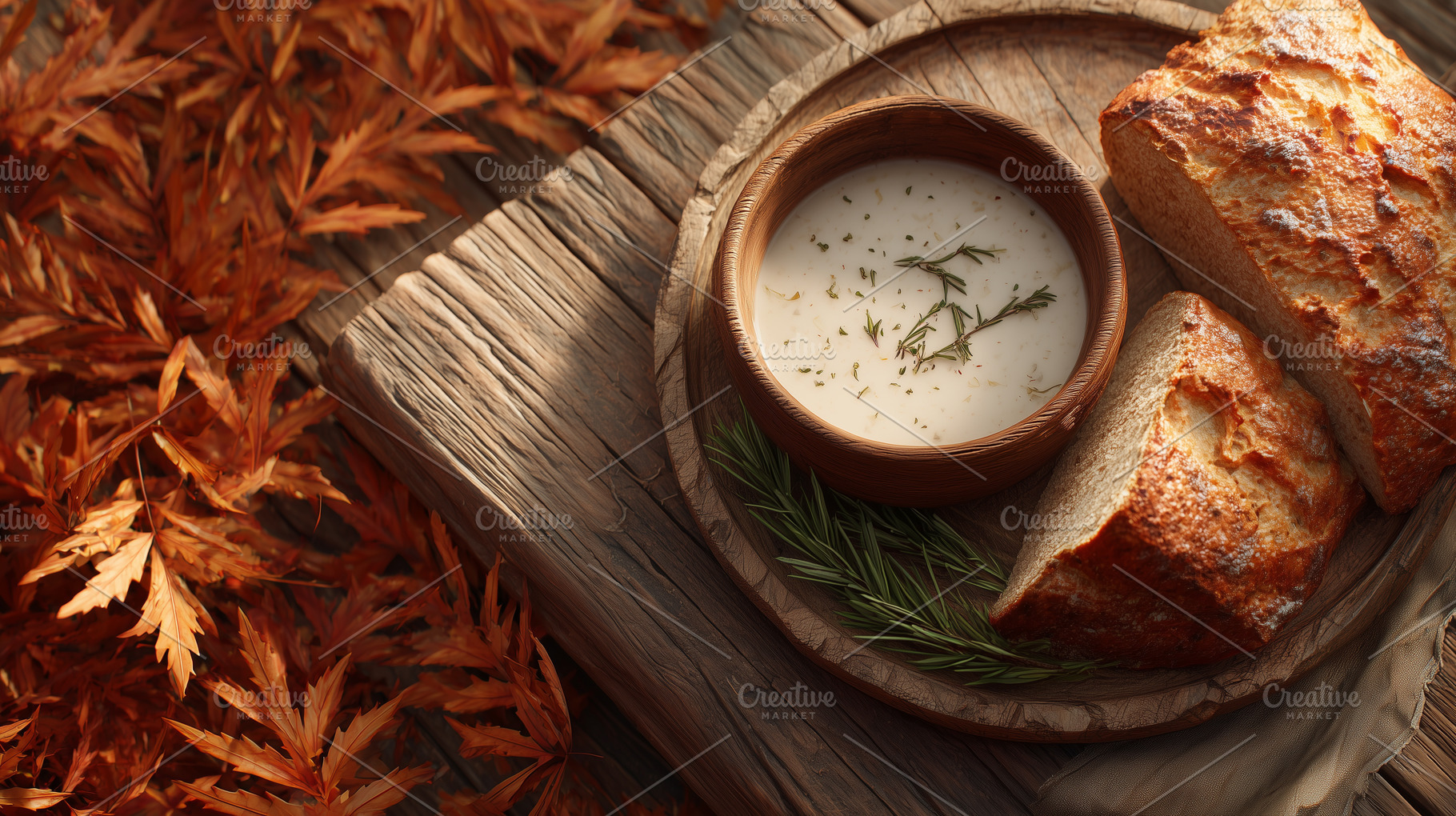 Rustic autumn creamy soup and bread, a Food & Drink Photo by MistyDay