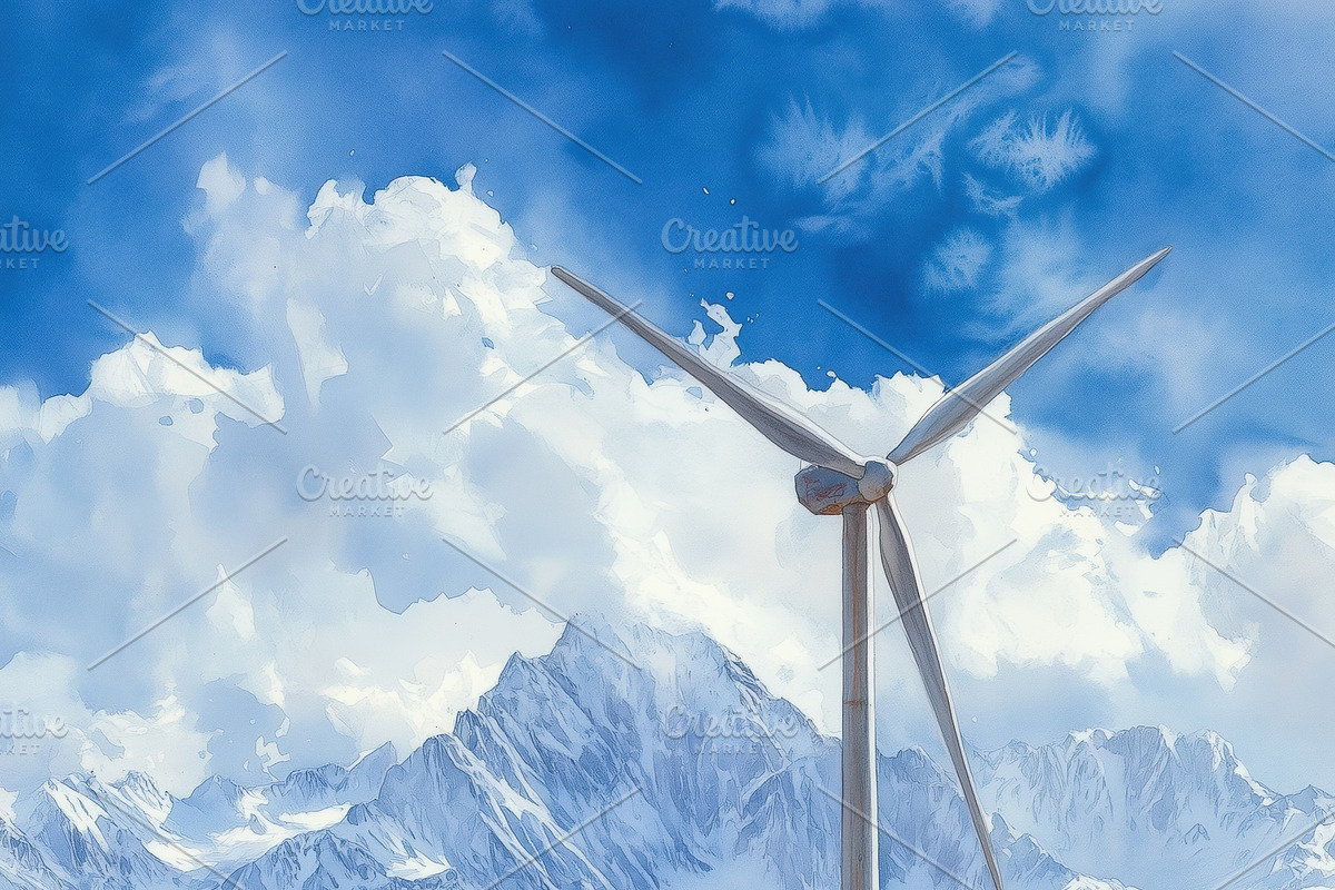 A scenic landscape featuring a large wind turbine in the foreground, surrounded, a Technology Illustration by Textures & Backgrounds