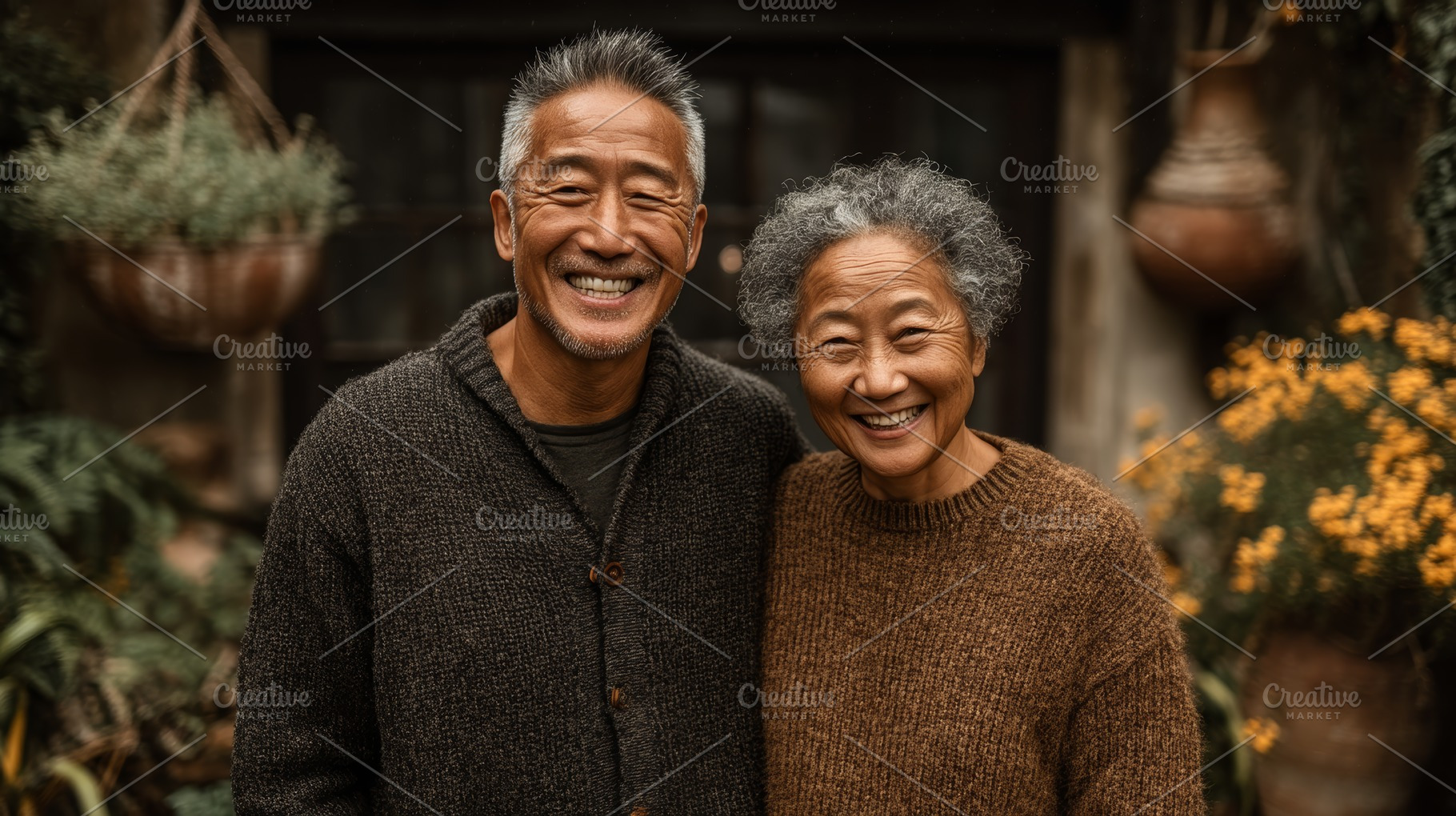 Smiling senior Asian couple outdoors embracing warmth and happiness in a cozy g, a Photo by AS photostudio