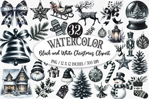 Black and White Christmas Clipart, an Illustration by Designking