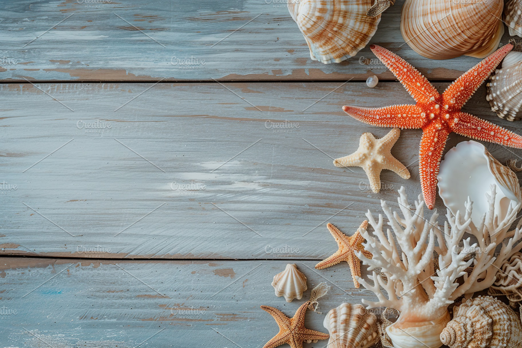 Seashells and starfish on wooden background, an Animal Photo by AlyaAnd