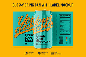 Glossy Drink Can with Label Mockup