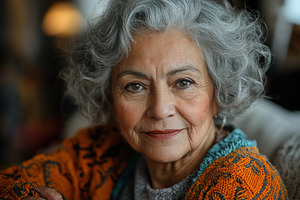 Confident elderly woman with gray curly hair wearing colorful kn, a Person Photo by José Manuel Gelpi
