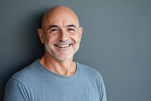 Portrait of middle age bald man on grey background, a Person Photo by AlyaAnd