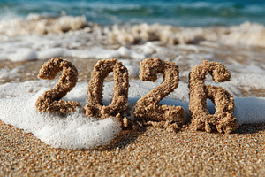 2026 written in sand on tropical beach with ocean waves, coastal, a Holiday Photo by José Manuel Gelpi