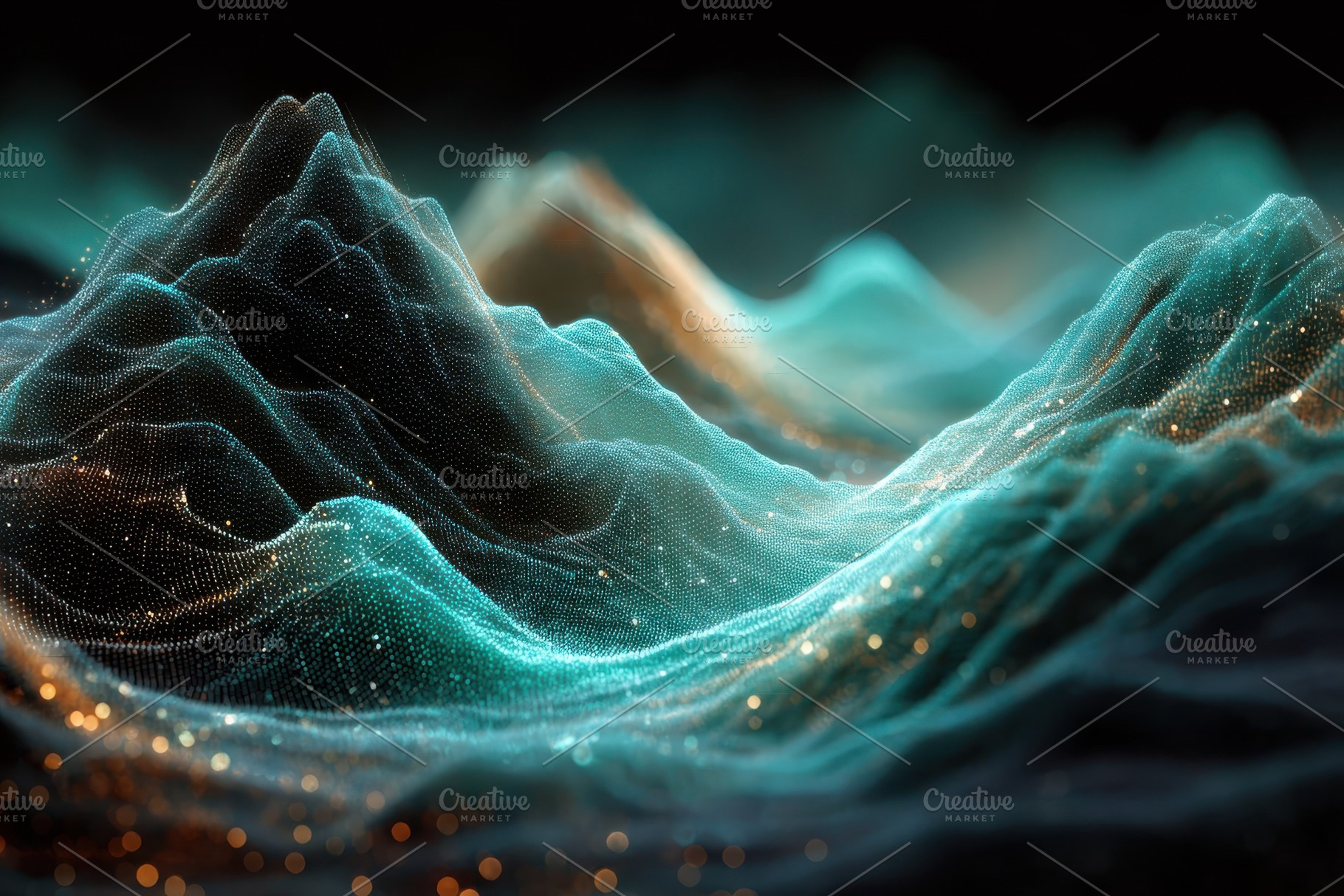 Abstract Teal and Gold Particle Land, a Photo by Pixeness Studio