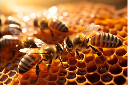 Bees working on honeycomb in warm, an Animal Photo by Ylivdesign