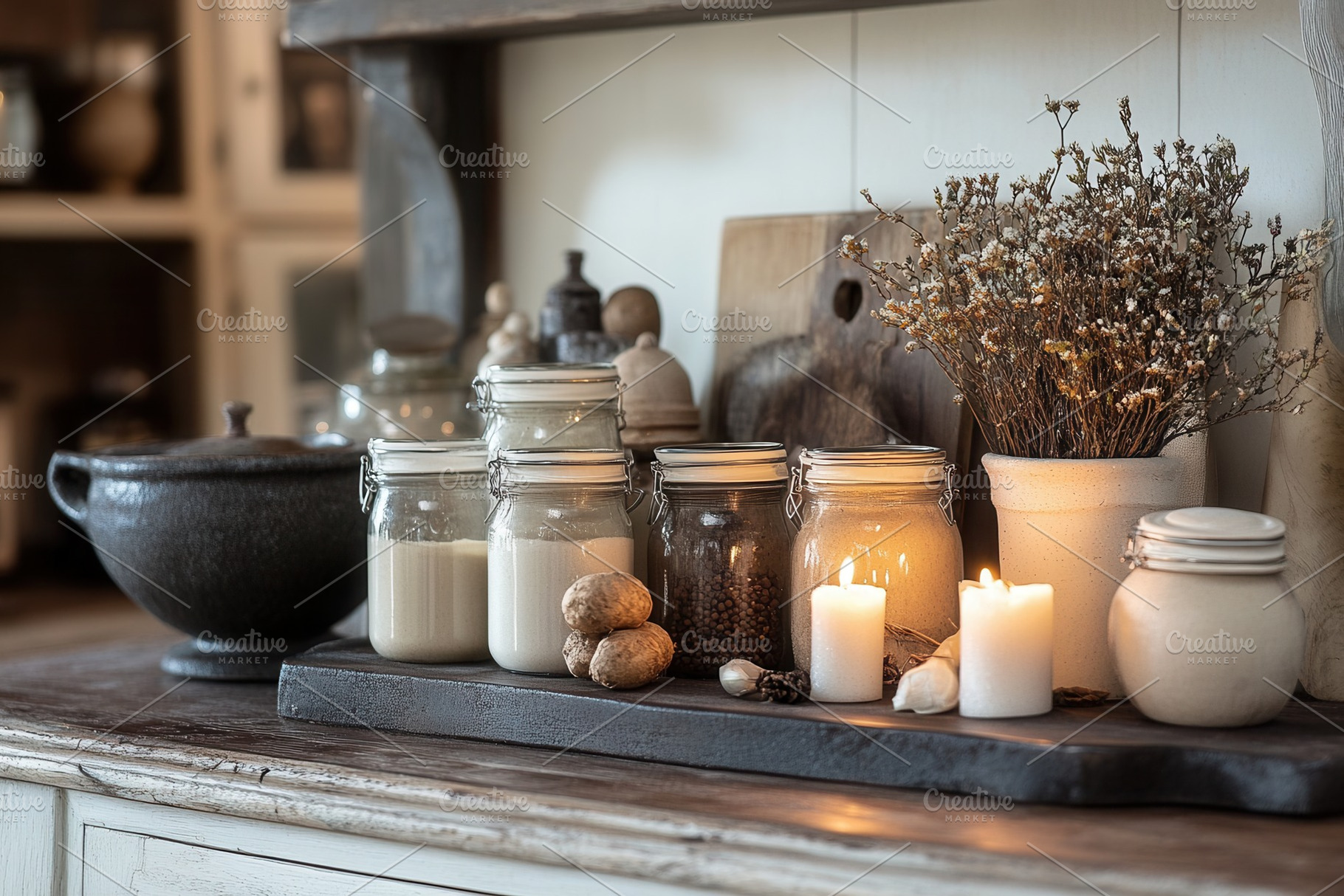 A warm, inviting kitchen with jars, a Photo by Pavel_design