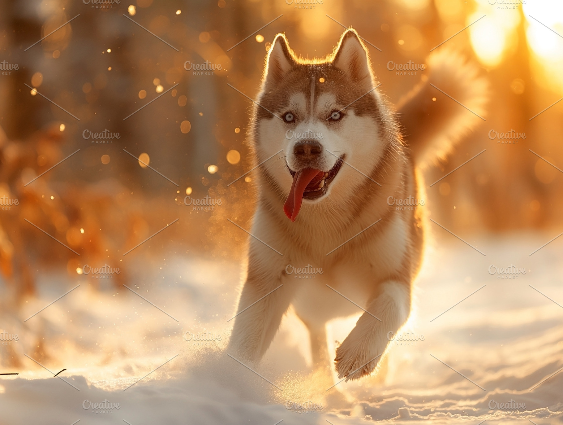 A Siberian Husky joyfully runs through the snowy forest, bathed in warm golden, an Animal Photo by ImageMir