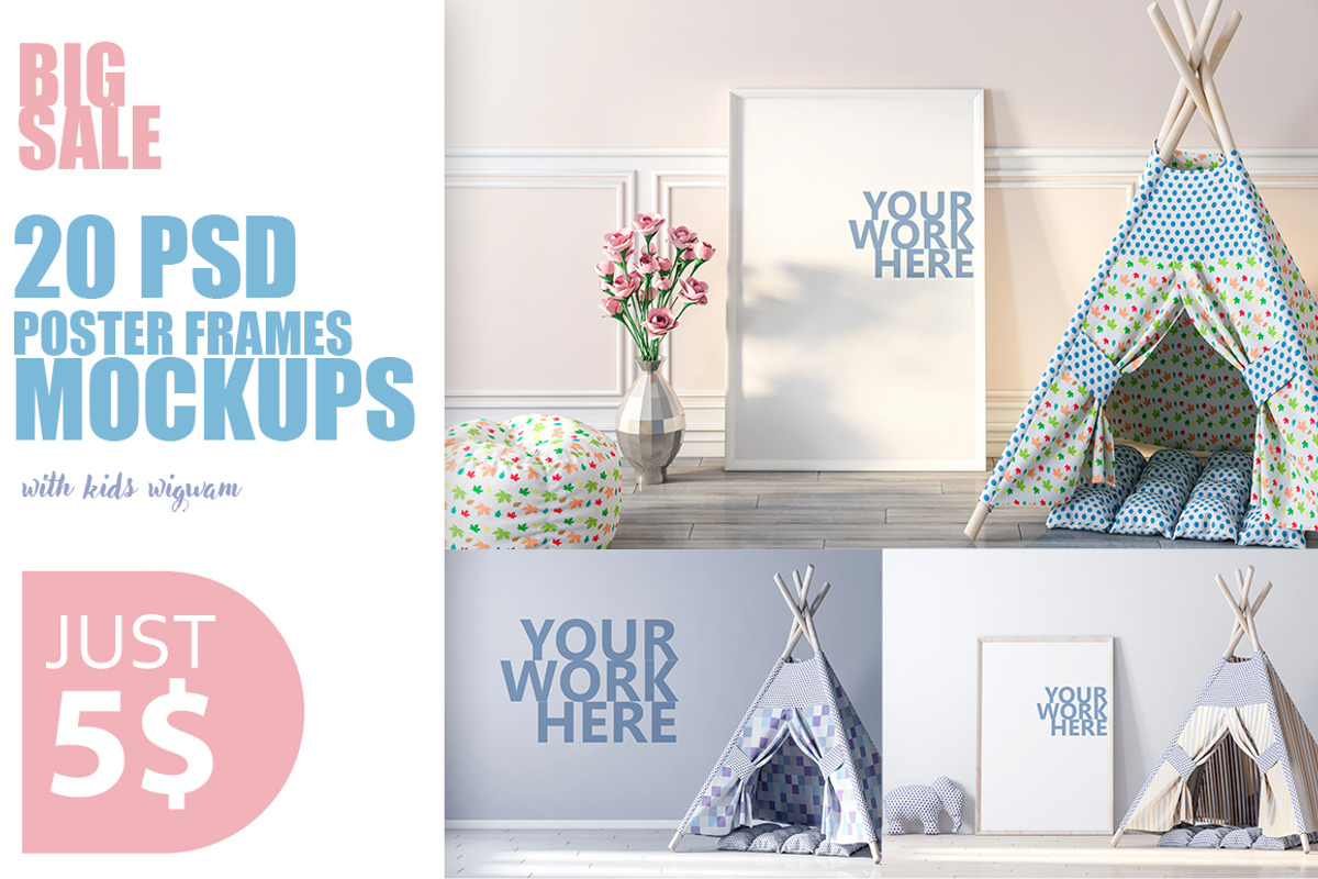 20 PSD. Kids room with frame mockup, a Product Mockup by Radmila (Photo 1 of 5)