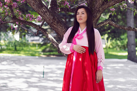 portrait young woman a Korean bride in national costumes stand by cherry blosso, a Person Photo by SaulichPhoto