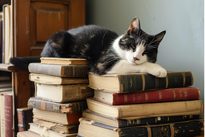 Relaxing cat on a pile of vintage, an Animal Photo by Ylivdesign