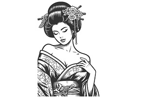 Elegant Geisha Floral Kimono Holding, a Person Illustration by AlexArt