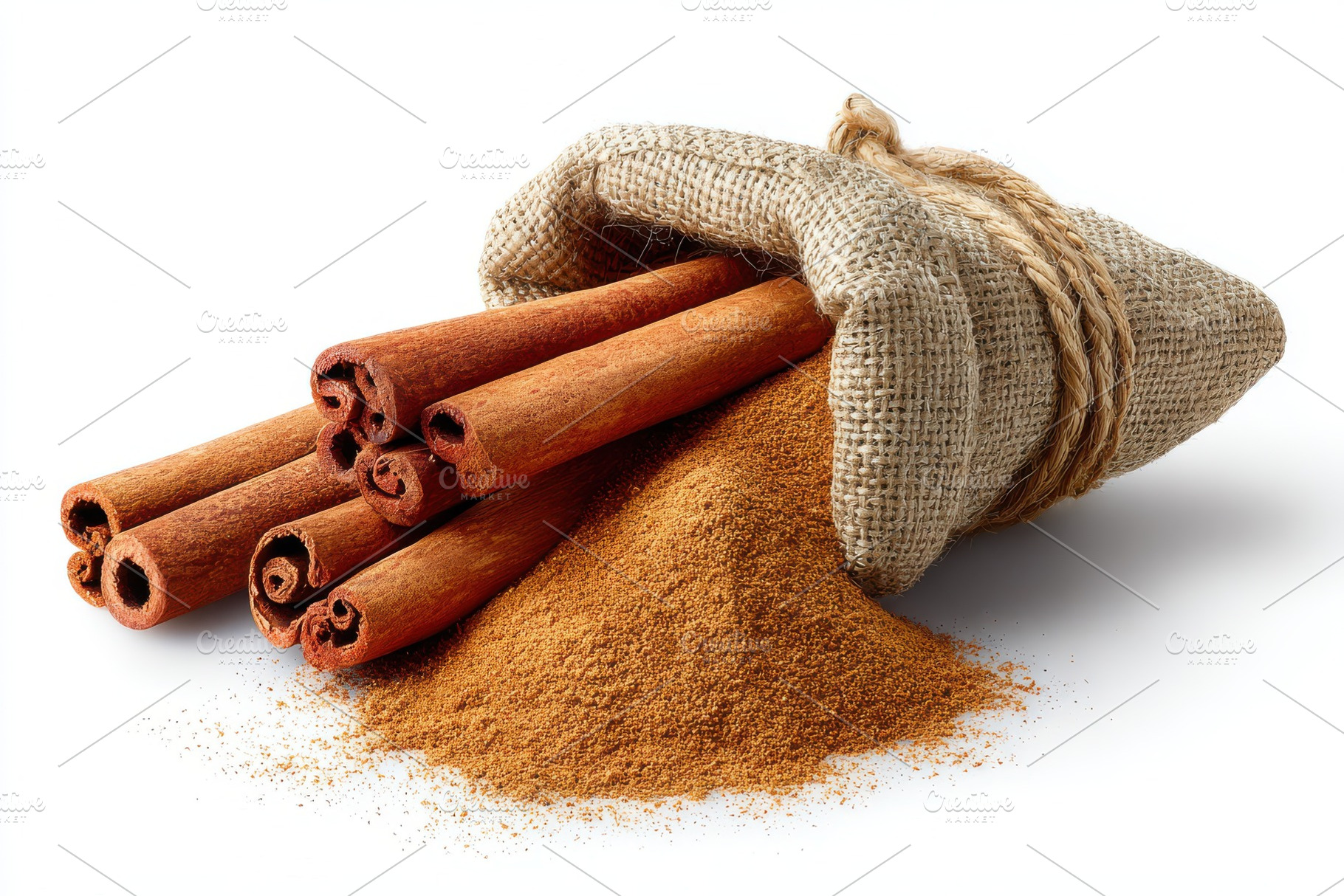 Cinnamon sticks and powder in burlap, a Photo by Pixeness Studio