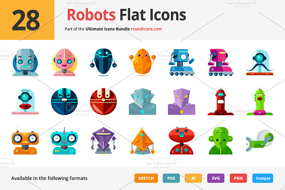 28 Robots Flat Icons