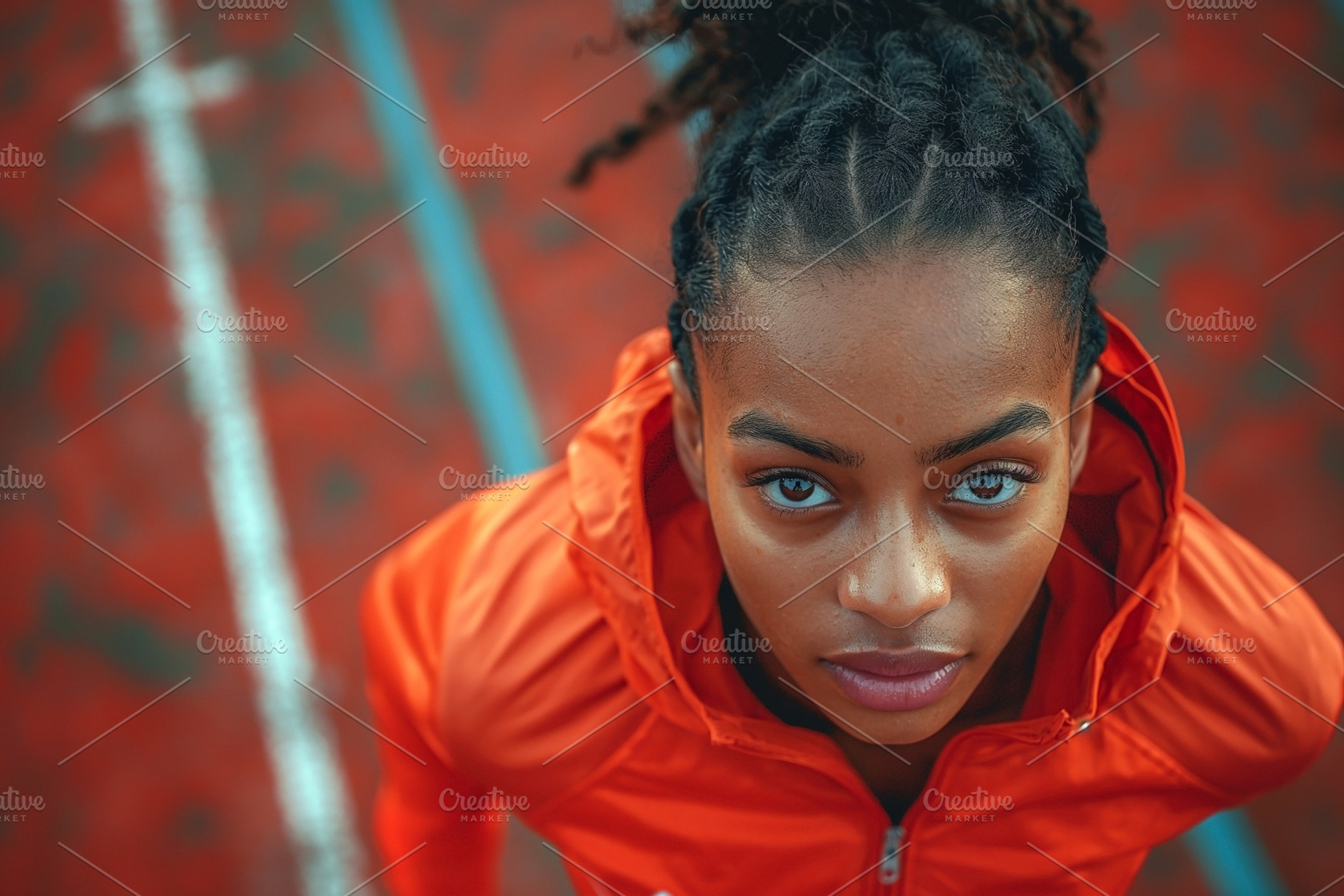 Confident young Black woman in an orange jacket, gazing directly, a Sports & Recreation Photo by ImageMir