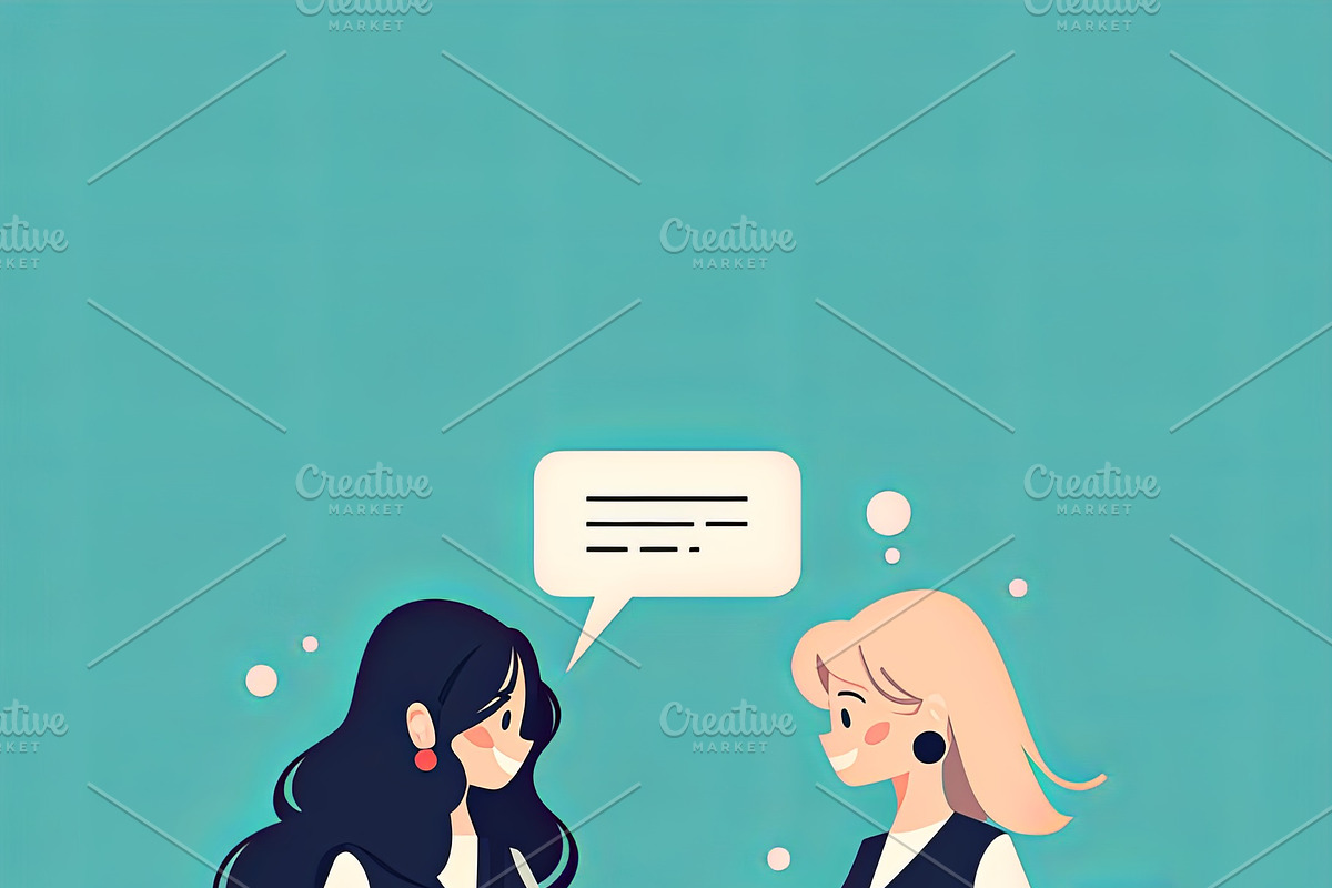 Two businesswomen discussing work with laptops in a modern vector illustration, an Illustration by AS photostudio